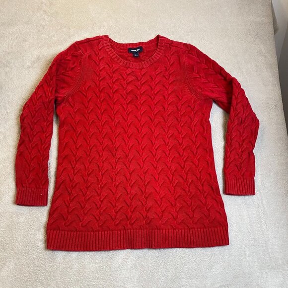 Lands End Womens Cable Knit Sweater Large Red Long Sleeve 100% Cotton - Picture 8 of 9